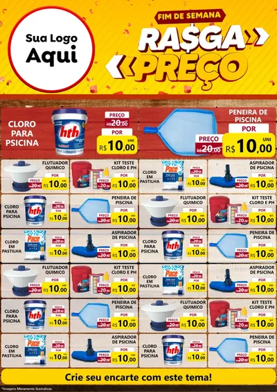 Modelo de Encarte para Encarte A4 Vertical com o tema Fim de Semana Rasga Preços para Produtos para Piscina