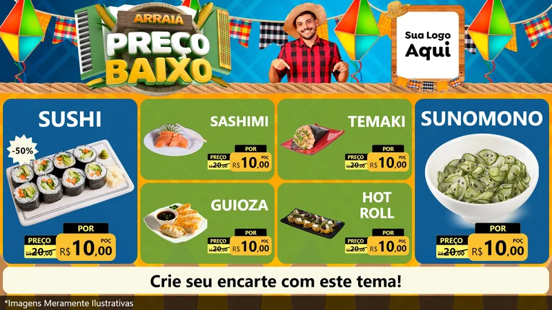 Modelo de TV para TV Horizontal com o tema Arraiá de Preço Baixo - Junina para Comida japonesa