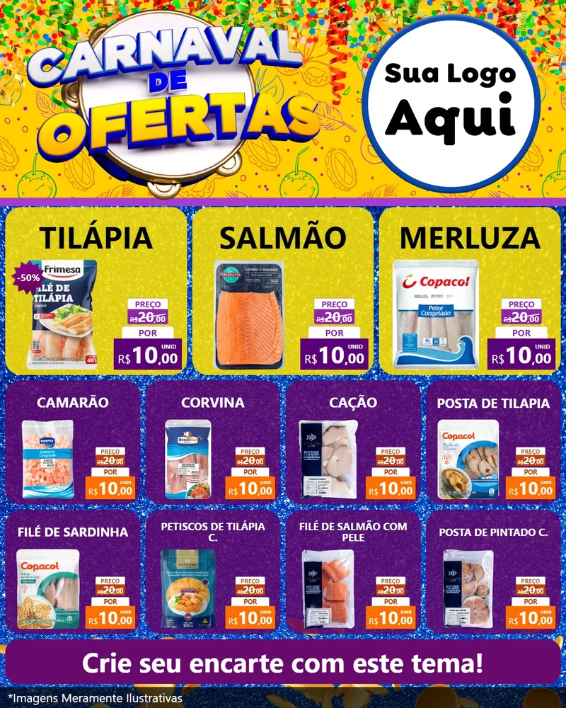 Modelo de Rede Social para Feed Instagram com o tema Carnaval de Ofertas para Peixaria