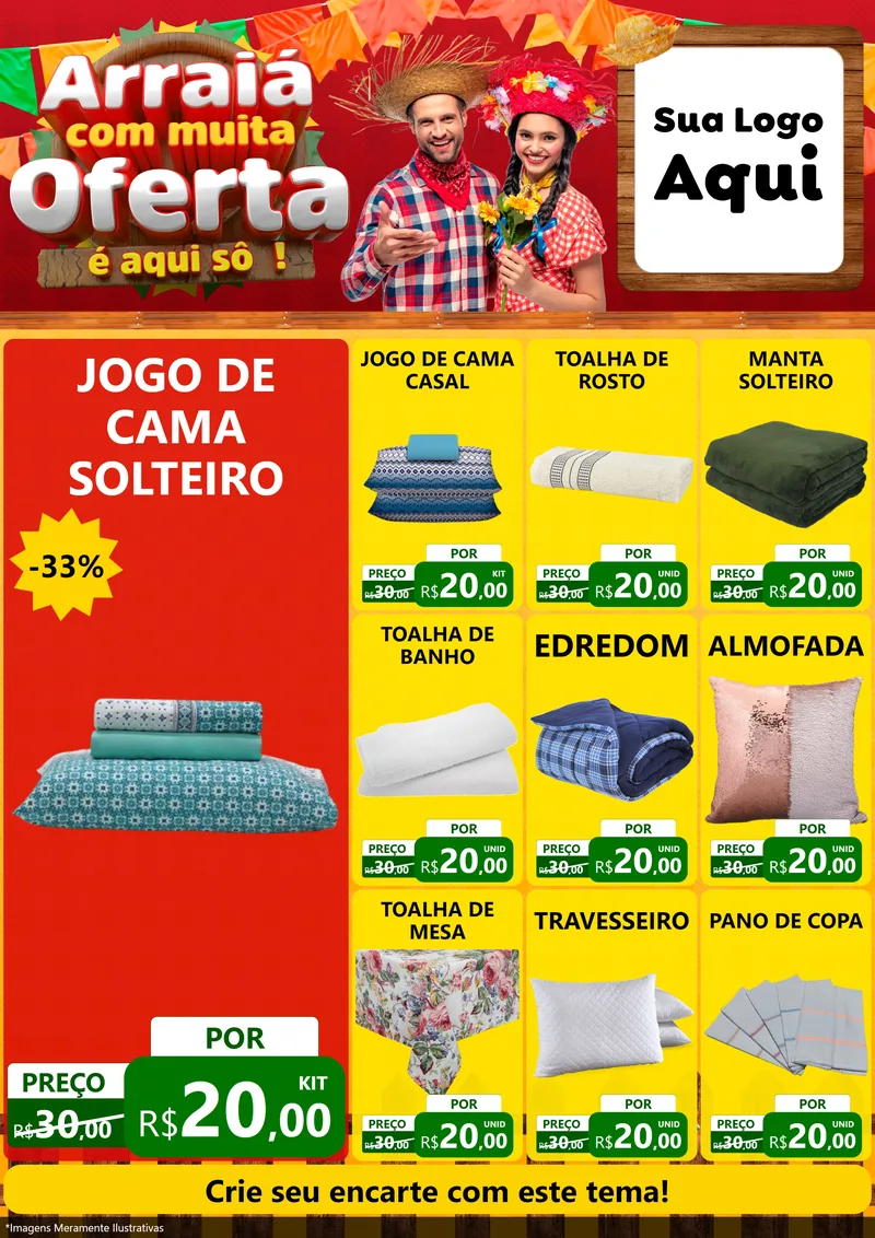 Modelo de Encarte para Encarte A4 Vertical com o tema Arraiá Com Muita Oferta - É Aqui Sô! para Cama, Mesa e Banho