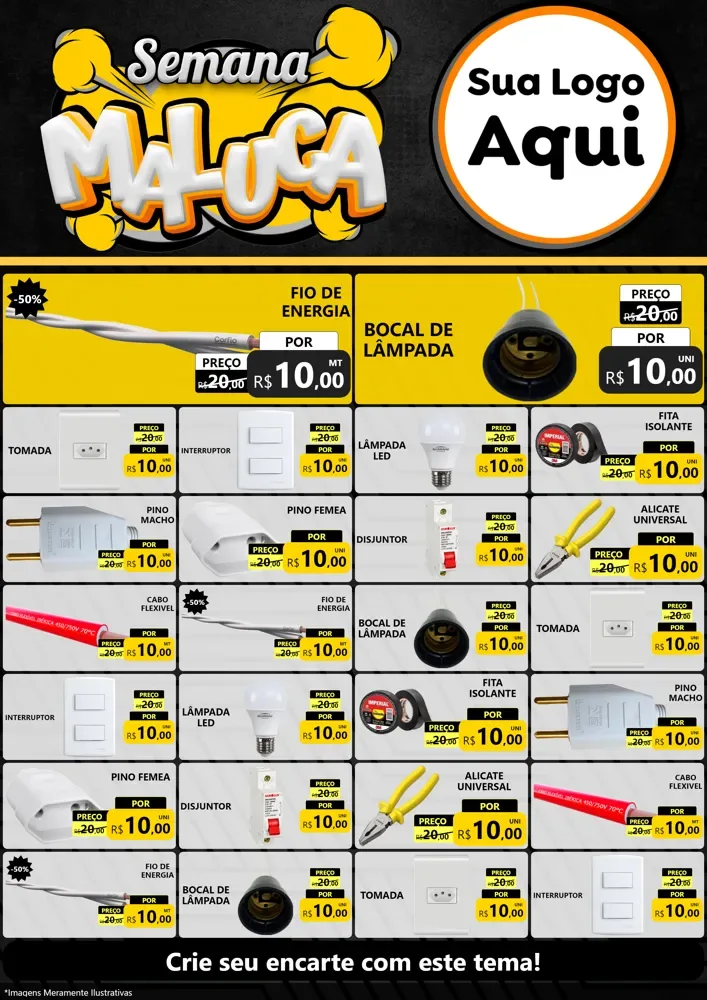 Modelo de Encarte para Encarte A4 Vertical com o tema Semana Maluca para Materiais Elétricos