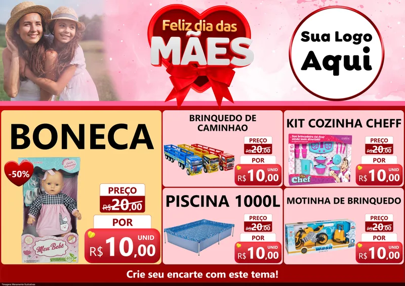 Modelo de Encarte para Encarte A4 Horizontal com o tema Feliz Dia Das Mães para Brinquedos