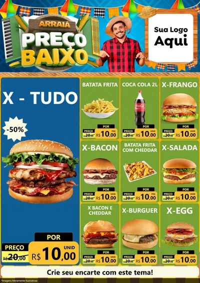 Modelo de Encarte para Encarte A4 Vertical com o tema Arraiá de Preço Baixo - Junina para Hamburgueria