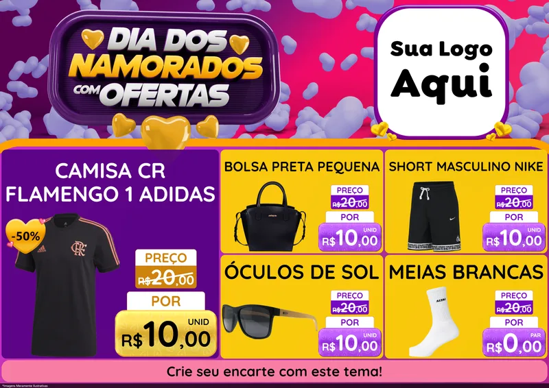 Modelo de Encarte para Encarte A4 Horizontal com o tema Dia Dos Namorados Com Ofertas para Roupas e acessórios