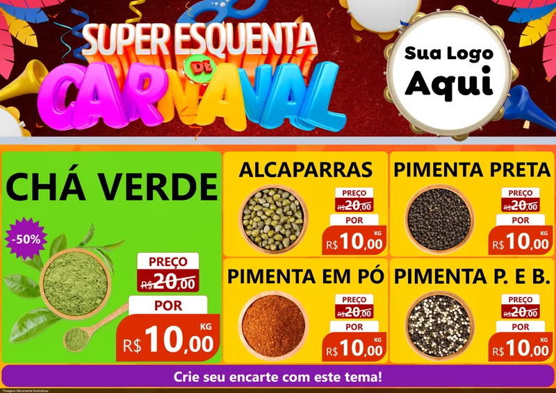 Modelo de Encarte para Encarte A4 Horizontal com o tema Super Esquenta de Carnaval para Produtos Naturais