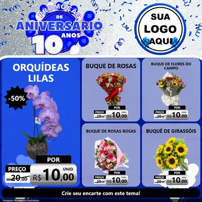 Modelo de Rede Social para Feed Facebook com o tema Promoção de Aniversário - 10 Anos para Floricultura e jardim
