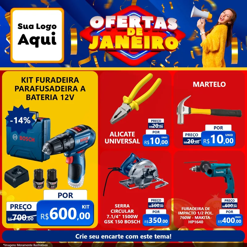 Modelo de Rede Social para Feed Facebook com o tema Ofertas de Janeiro para Maquinas e Ferramentas