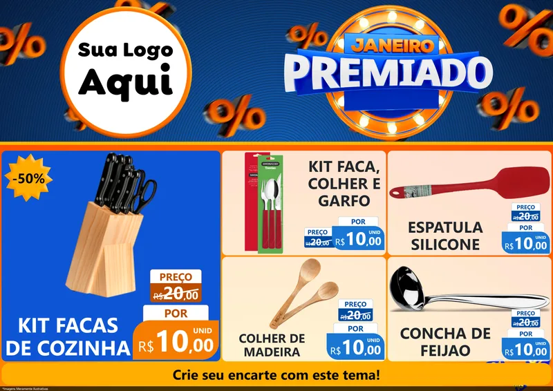 Modelo de Encarte para Encarte A4 Horizontal com o tema Janeiro Premiado para Utilidades Domésticas