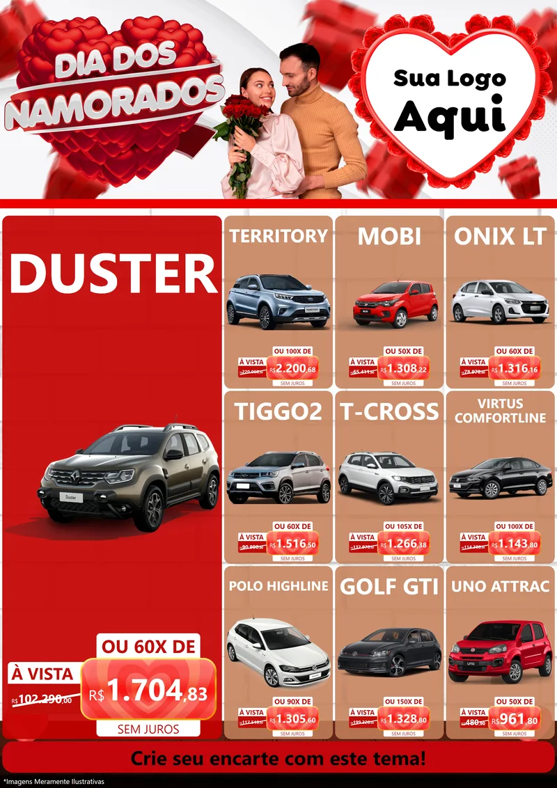 Modelo de Encarte para Encarte A4 Vertical com o tema Dia dos Namorados para Concessionaria de Carros
