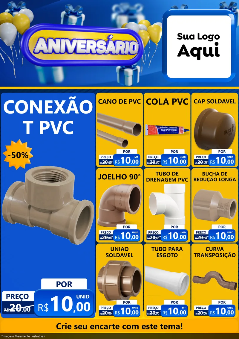 Modelo de Encarte para Encarte A4 Vertical com o tema Aniversário para Tubos e conexões