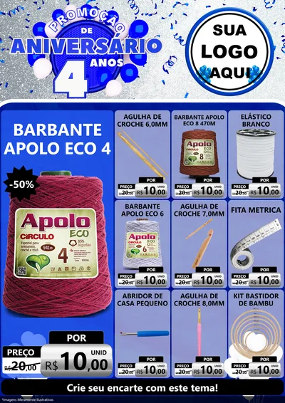 Modelo de Encarte para Encarte A4 Vertical com o tema Promoção de Aniversário - 4 Anos para Armarinho e Aviamentos