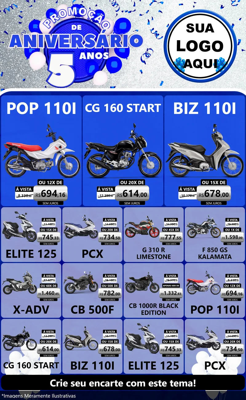 Modelo de Encarte para Encarte Grande com o tema Promoção de Aniversário - 5 Anos para Concessionaria de Motos