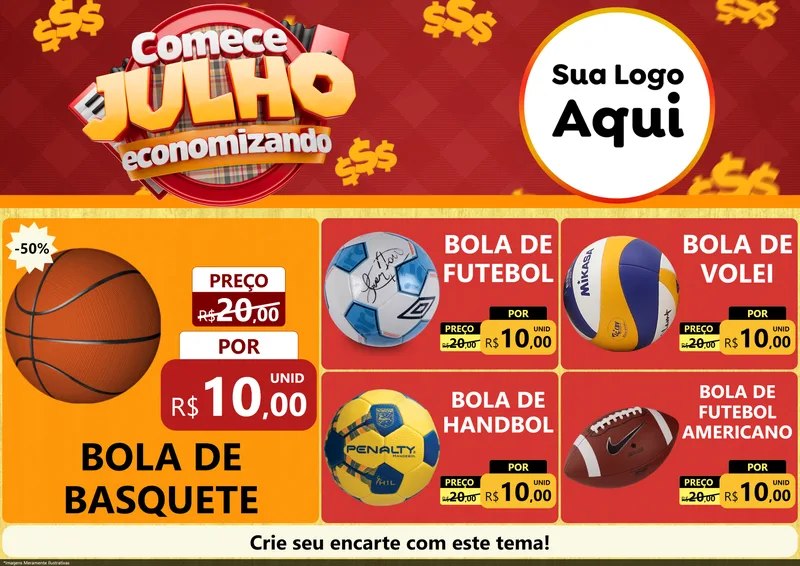 Modelo de Encarte para Encarte A4 Horizontal com o tema Comece Julho Economizando para Artigos Esportivos