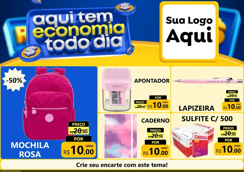 Modelo de Encarte para Encarte A4 Horizontal com o tema Aqui Tem Economia Todo Dia para Papelaria