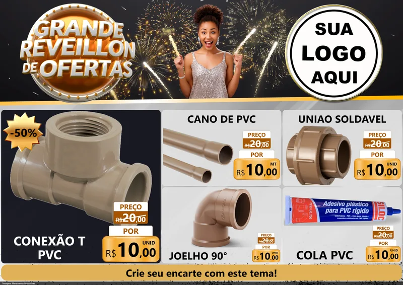 Modelo de Encarte para Encarte A4 Horizontal com o tema Grande Réveillon de Ofertas para Tubos e conexões