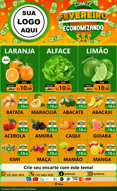 Modelo de Encarte para Encarte Grande com o tema Comece Fevereiro Economizando para Hortifrúti