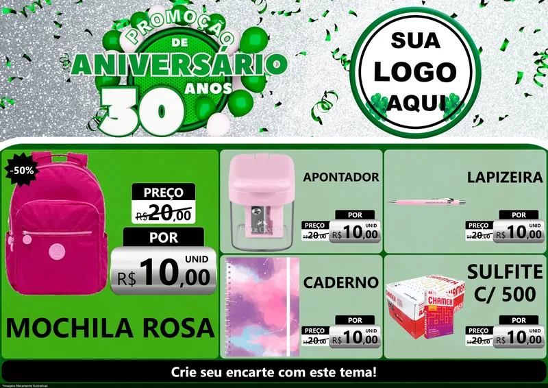Modelo de Encarte para Encarte A4 Horizontal com o tema Promoção de Aniversário - 30 Anos para Papelaria