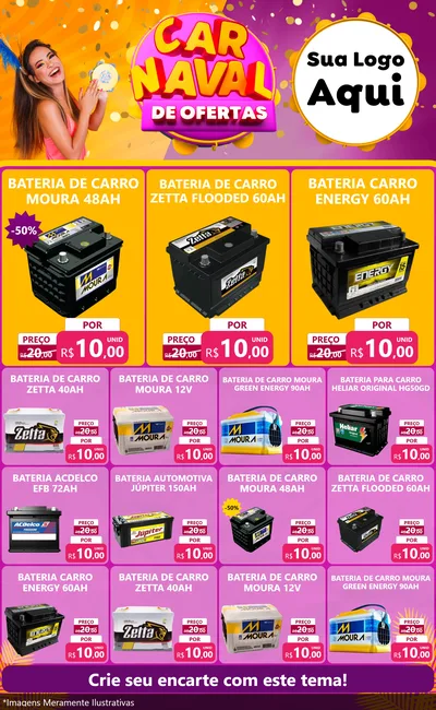 Modelo de Encarte para Encarte Grande com o tema Carnaval de Ofertas para Baterias Elétricas