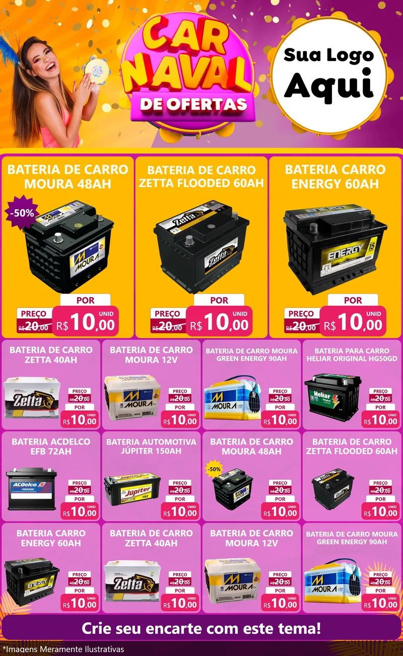Modelo de Encarte para Encarte Grande com o tema Carnaval de Ofertas para Baterias Elétricas