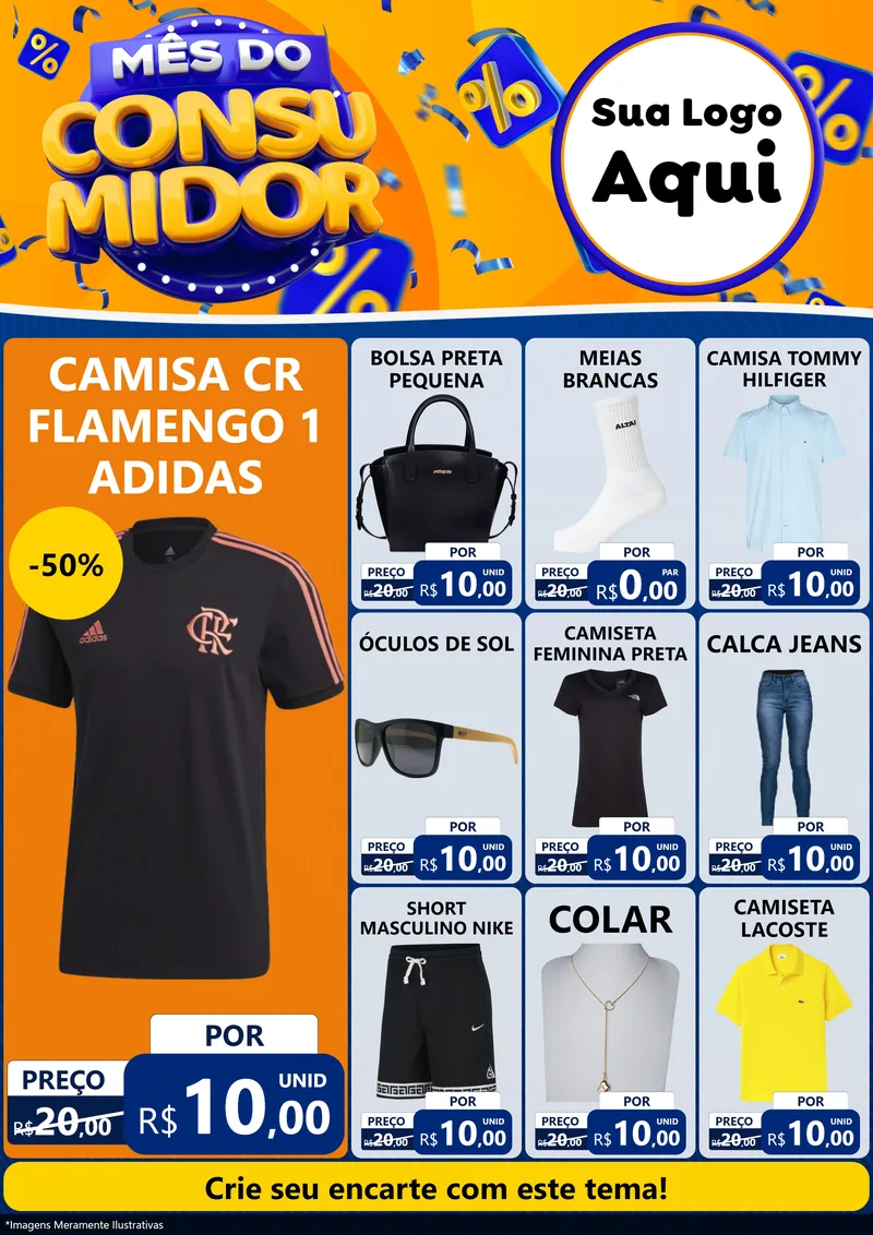 Modelo de Encarte para Encarte A4 Vertical com o tema Mês do Consumidor para Roupas e acessórios