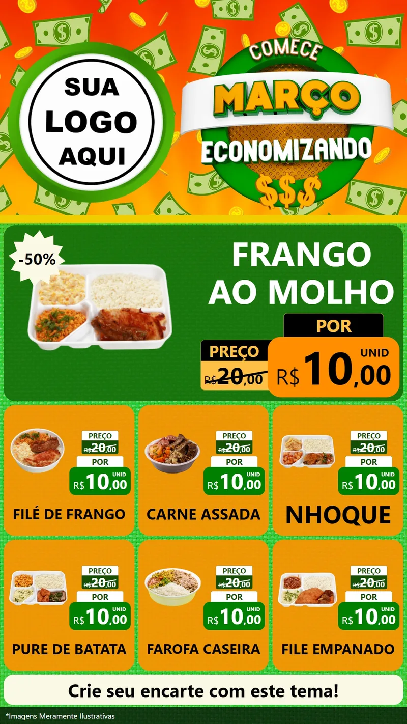 Modelo de Rede Social para Stories com o tema Comece Março Economizando para Restaurante