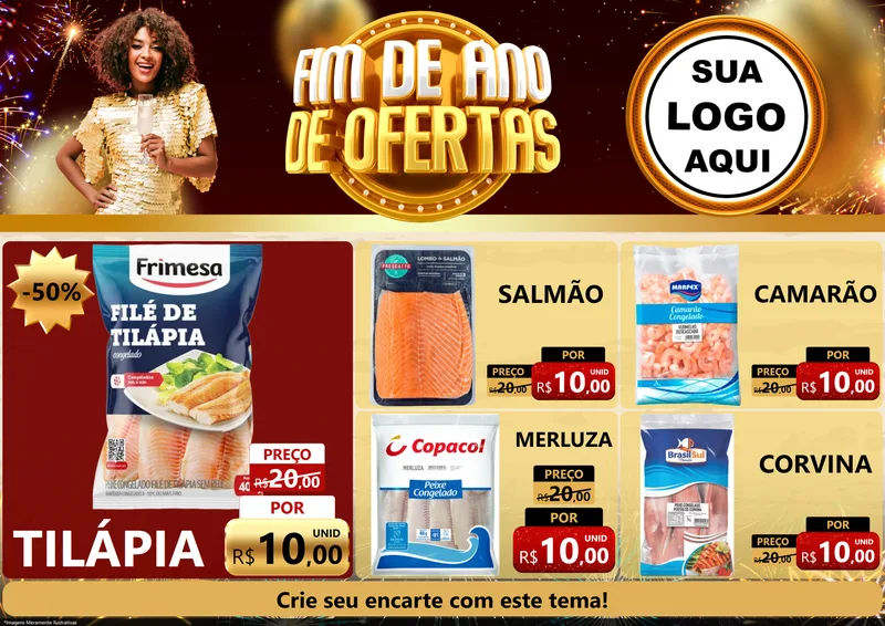 Modelo de Encarte para Encarte A4 Horizontal com o tema Fim de Ano de Ofertas para Peixaria