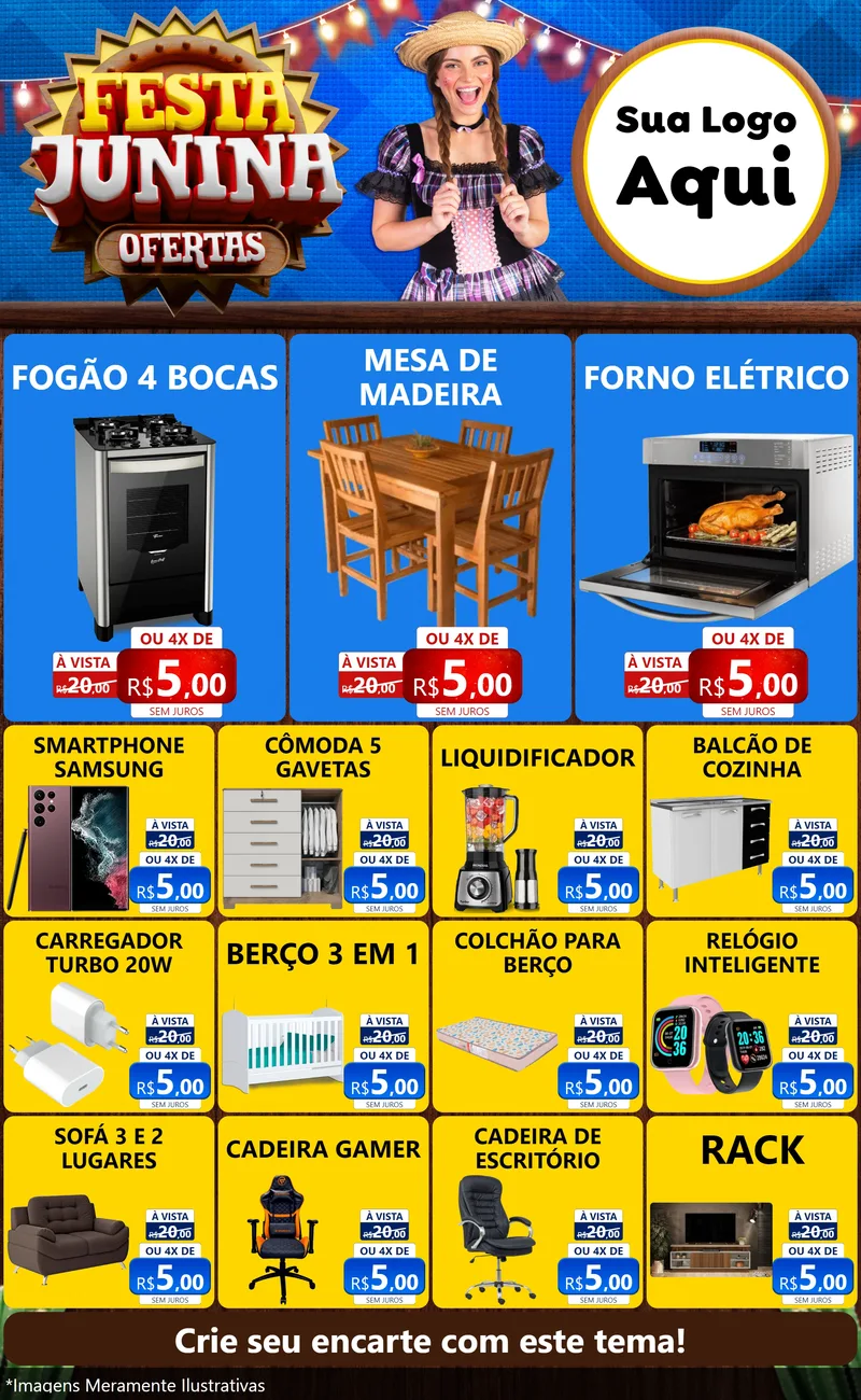 Modelo de Encarte para Encarte Grande com o tema Festa Junina Ofertas para Móveis e Eletro