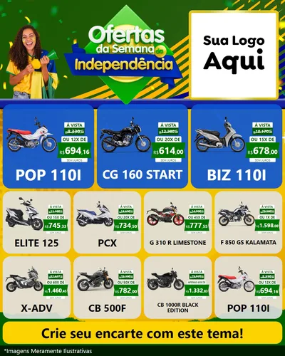 Modelo de Rede Social para Feed Instagram com o tema Ofertas da Semana da Independência para Concessionaria de Motos