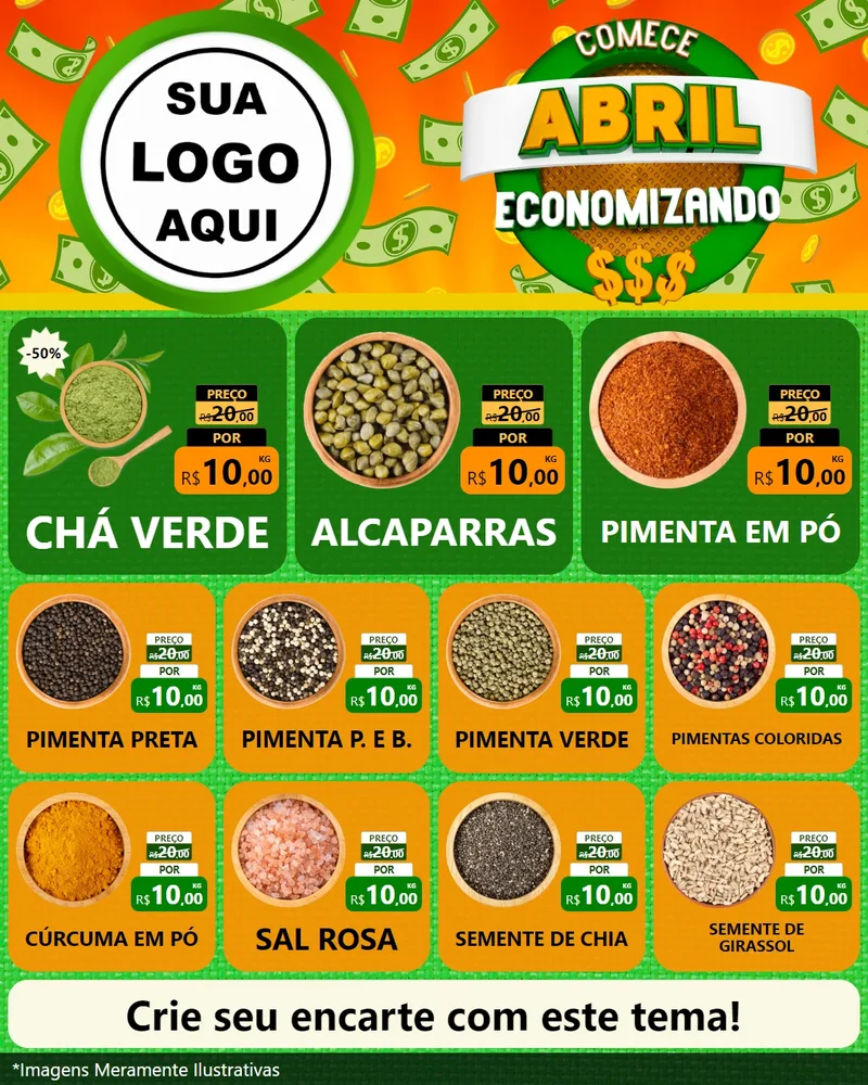 Modelo de Rede Social para Feed Instagram com o tema Comece Abril Economizando para Produtos Naturais