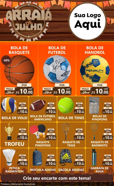 Modelo de Encarte para Encarte Grande com o tema Arraiá de Julho - Junina para Artigos Esportivos
