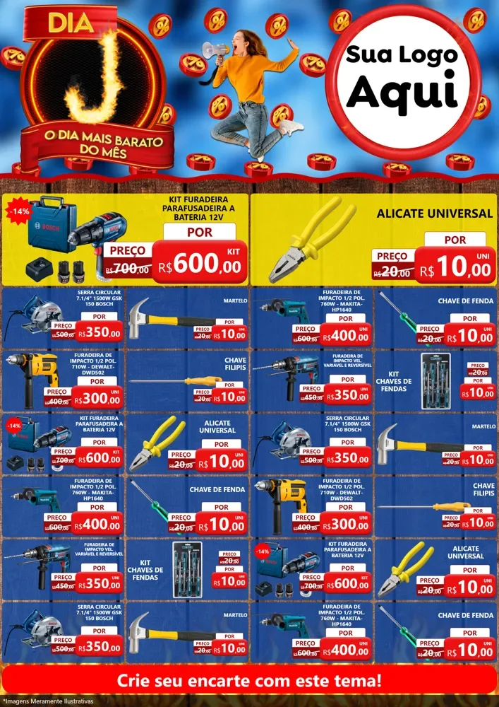Modelo de Encarte para Encarte A4 Vertical com o tema Dia J - O Dia Mais Barato Do Mês para Maquinas e Ferramentas