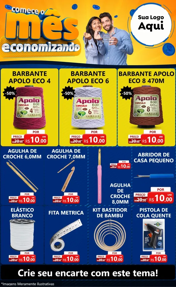 Modelo de Encarte para Encarte Grande com o tema Comece O Mês Economizando para Armarinho e Aviamentos