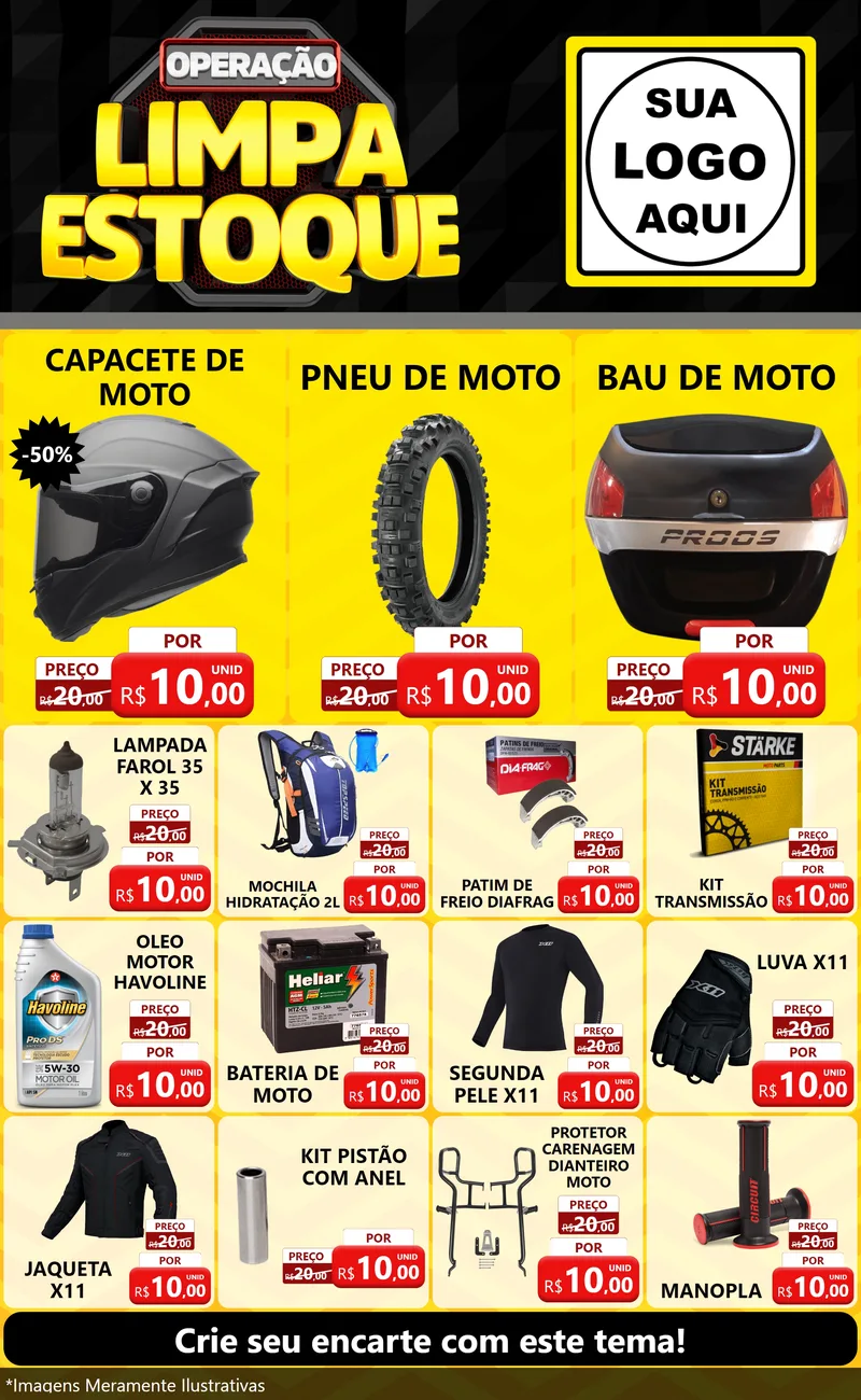 Modelo de Encarte para Encarte Grande com o tema Operação Limpa Estoque para Moto peças