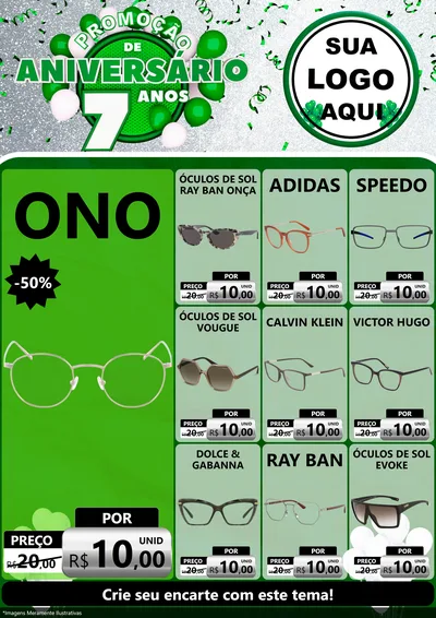 Modelo de Encarte para Encarte A4 Vertical com o tema Promoção de Aniversário - 7 Anos para Óticas