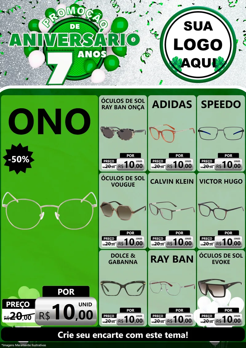 Modelo de Encarte para Encarte A4 Vertical com o tema Promoção de Aniversário - 7 Anos para Óticas