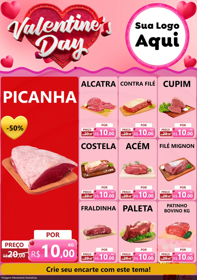 Modelo de Encarte para Encarte A4 Vertical com o tema Valentine's Day para Açougue