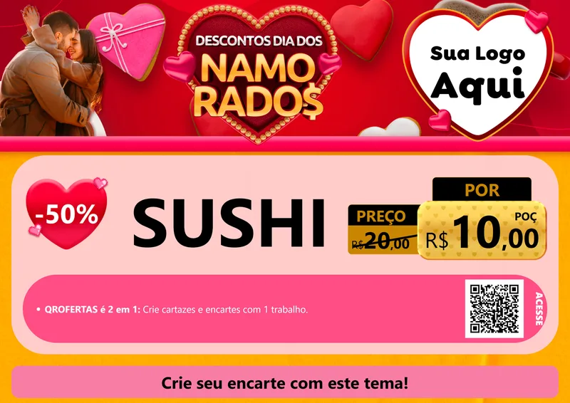 Modelo de Cartaz para Cartaz A4 Horizontal com o tema Descontos Dia dos Namorados para Comida japonesa