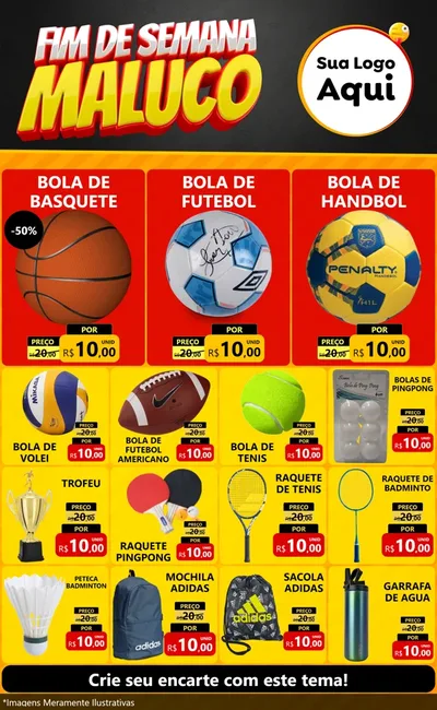 Modelo de Encarte para Encarte Grande com o tema Final de Semana Maluco para Artigos Esportivos