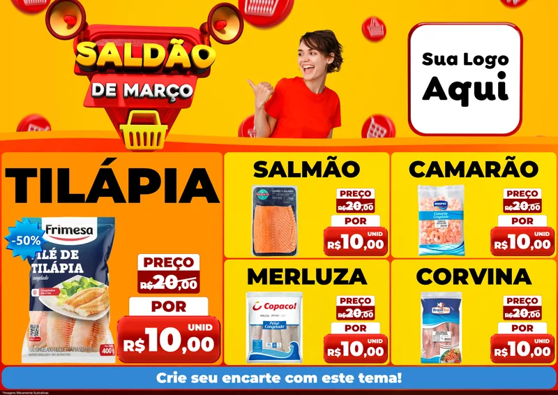 Modelo de Encarte para Encarte A4 Horizontal com o tema Saldão de Março para Peixaria