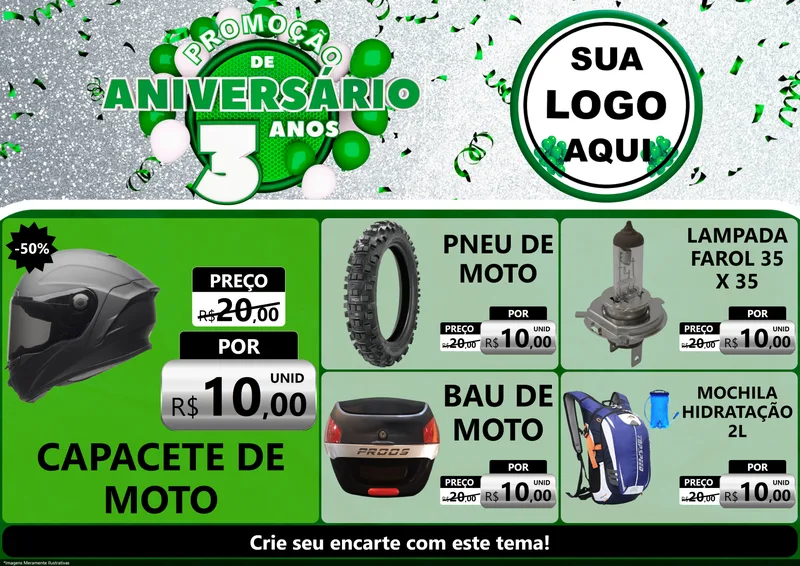 Modelo de Encarte para Encarte A4 Horizontal com o tema Promoção de Aniversário - 3 Anos para Moto peças