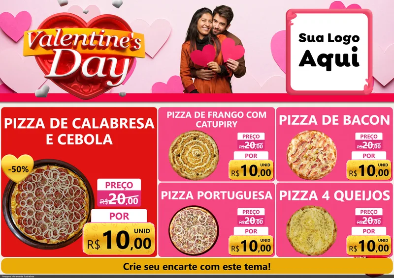 Modelo de Encarte para Encarte A4 Horizontal com o tema Valentine's Day para Pizzaria