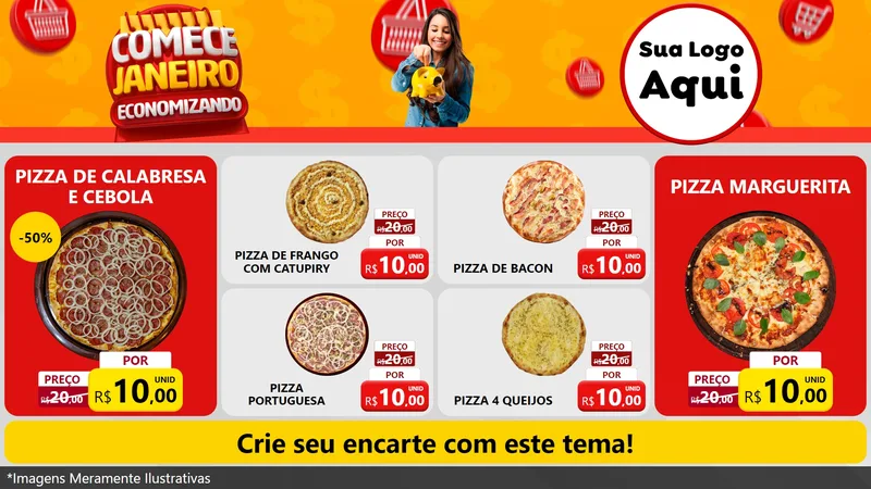 Modelo de TV para TV Horizontal com o tema Comece Janeiro Economizando para Pizzaria