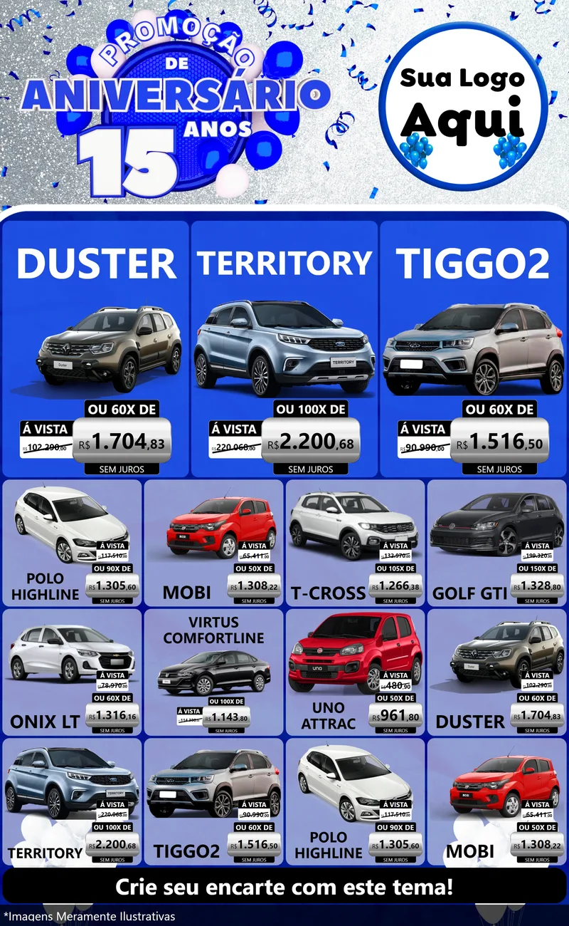 Modelo de Encarte para Encarte Grande com o tema Promoção de Aniversário - 15 Anos para Concessionaria de Carros