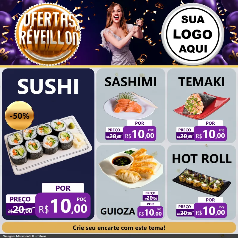 Modelo de Rede Social para Feed Facebook com o tema Ofertas de Réveillon para Comida japonesa