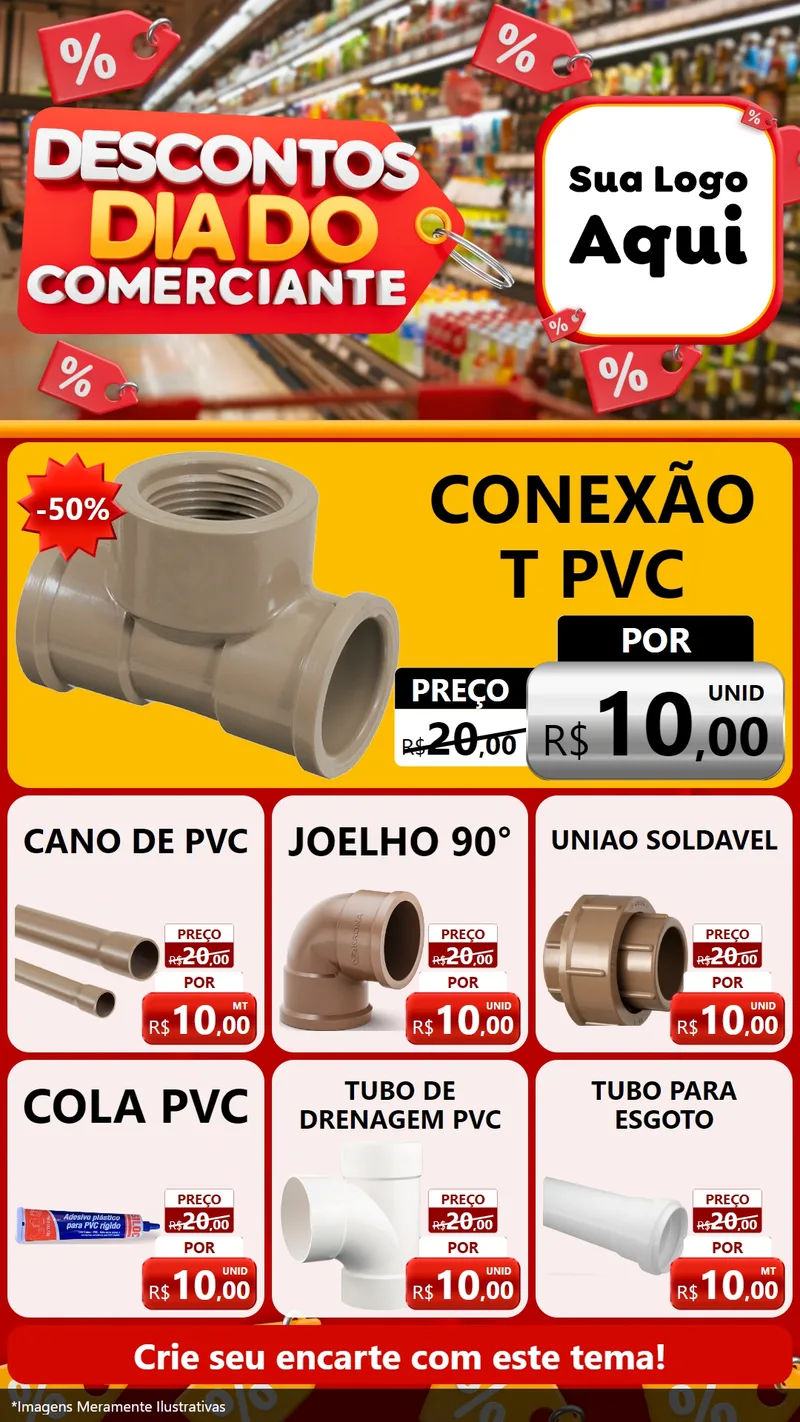 Modelo de Rede Social para Stories com o tema Descontos Dia do Comerciante para Tubos e conexões
