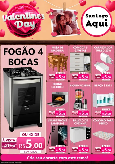 Modelo de Encarte para Encarte A4 Vertical com o tema Valentine's Day para Móveis e Eletro