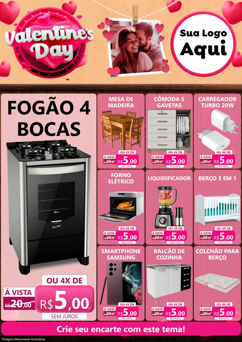 Modelo de Encarte para Encarte A4 Vertical com o tema Valentine's Day para Móveis e Eletro