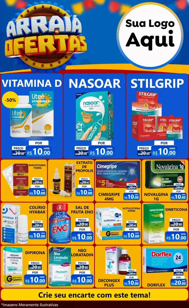 Modelo de Encarte para Encarte Grande com o tema Arraiá de Ofertas - Junina para Farmácia