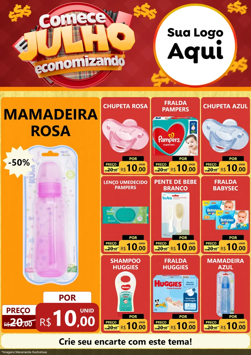 Modelo de Encarte para Encarte A4 Vertical com o tema Comece Julho Economizando para Bebês