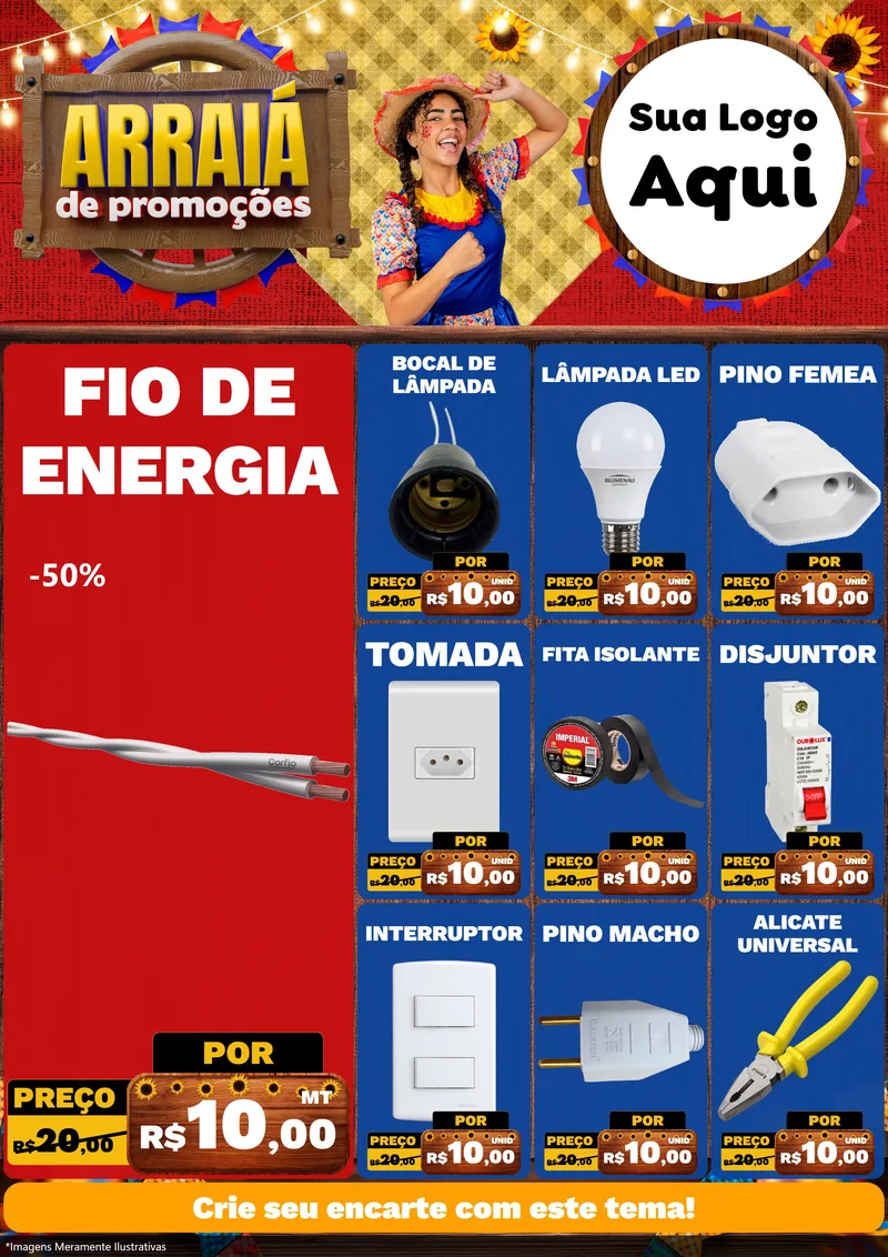 Modelo de Encarte para Encarte A4 Vertical com o tema Arraiá de Promoções para Materiais Elétricos